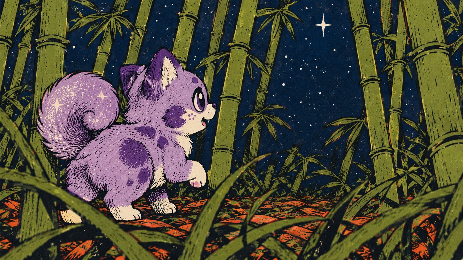The purple puppy walking through a bamboo grove at night under a star.