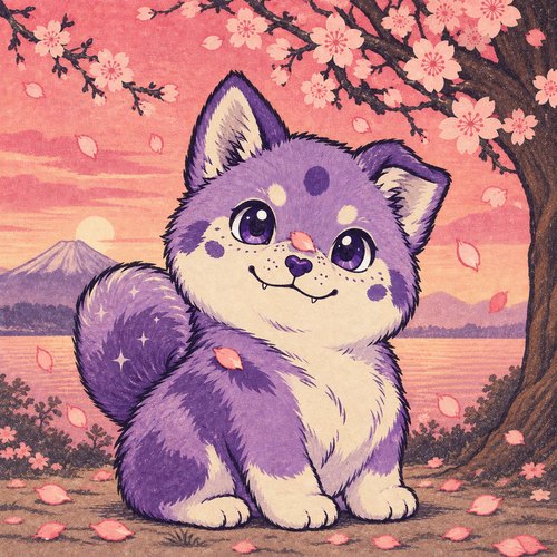 Woodblock print of the purple shiba puppy sitting under a cherry tree at sunset, Mount Fuji and a lake behind him.
