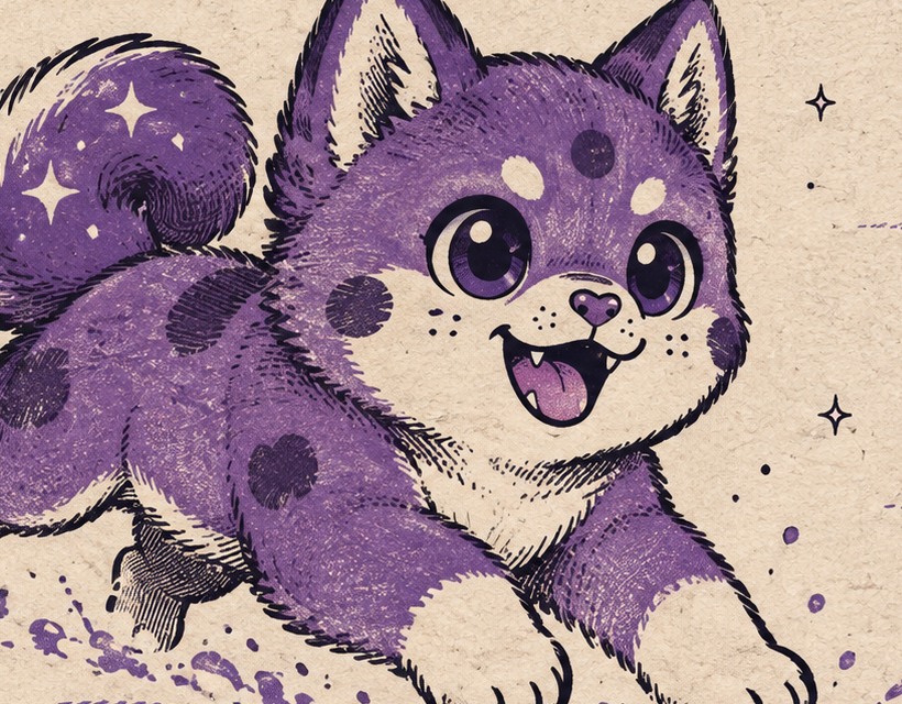 The purple shiba puppy running across the snow, tail full of stars, kicking up spray.
