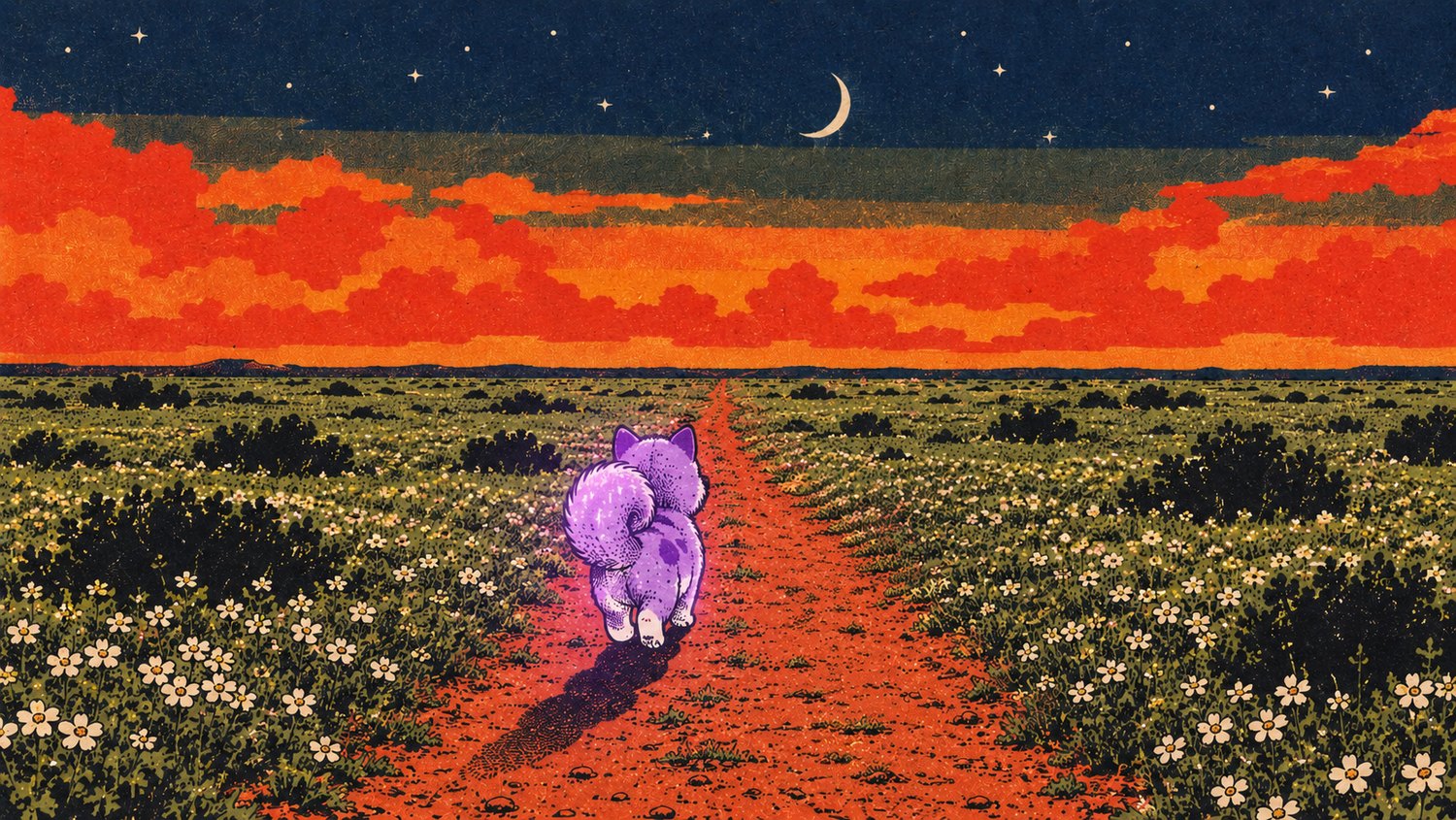 The purple puppy walking away down a red dirt road through a field of daisies under a burning sky and a crescent moon.