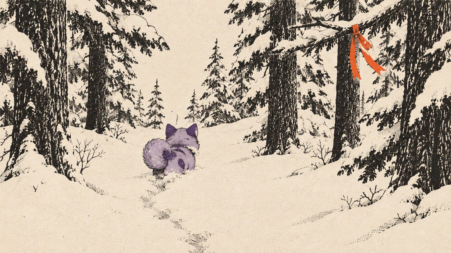 The purple puppy from behind in deep snow between dark pines, a red ribbon tied to a branch.