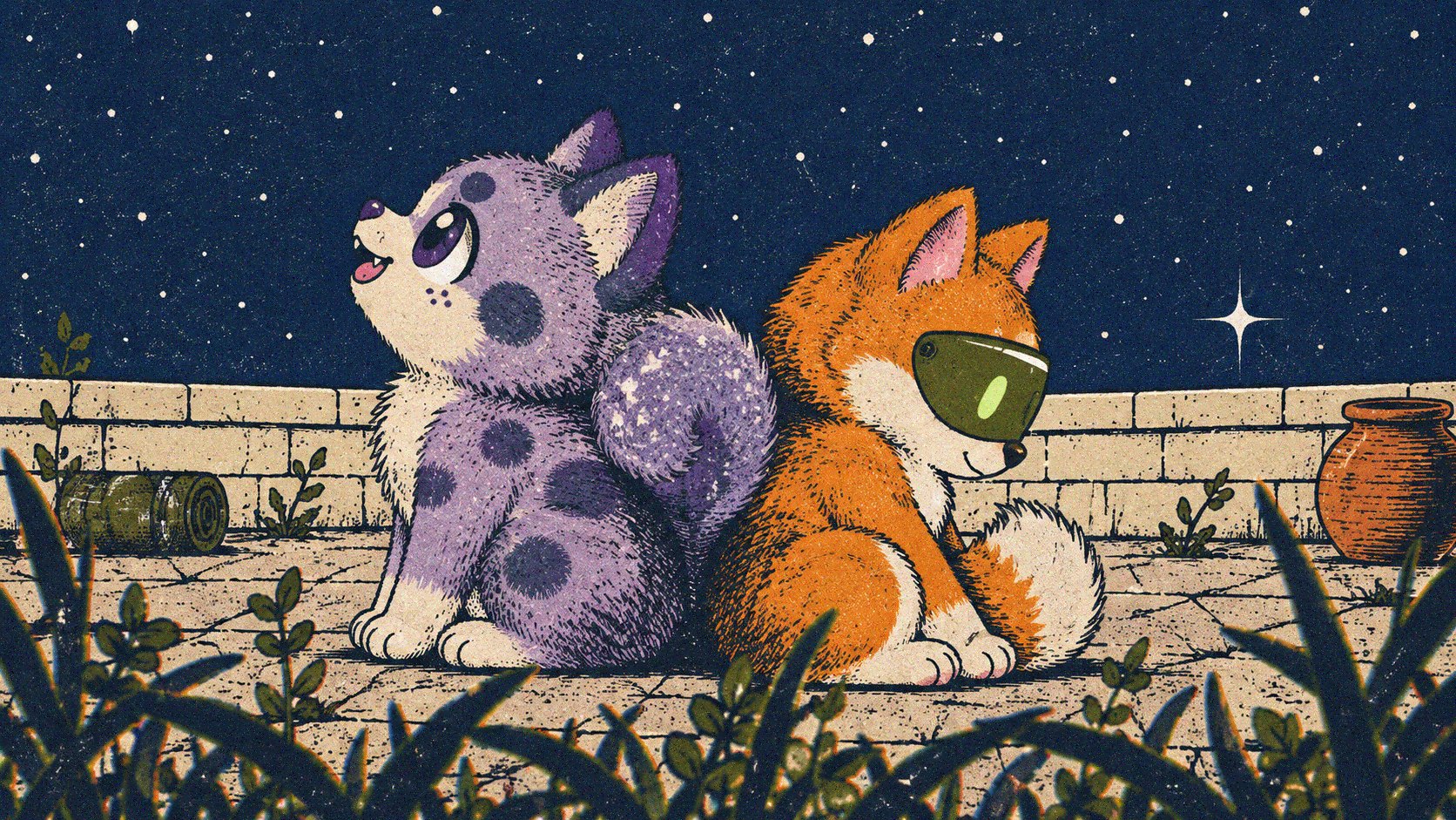 The purple puppy sitting back to back with an orange shiba on a stone wall at night, under a star, grass in the foreground.